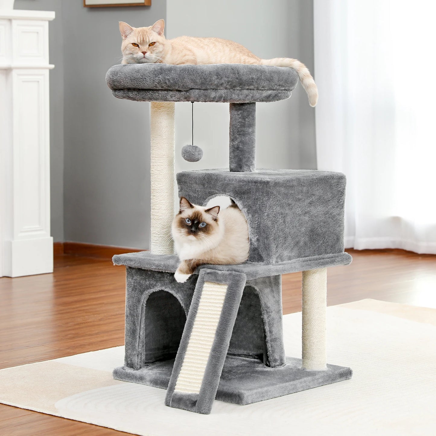 Cat Tree Luxury Cat Towers with Double Condos Spacious Perch Cat Hammock Fully Wrapped Scratching Sisal Post and Dangling Balls